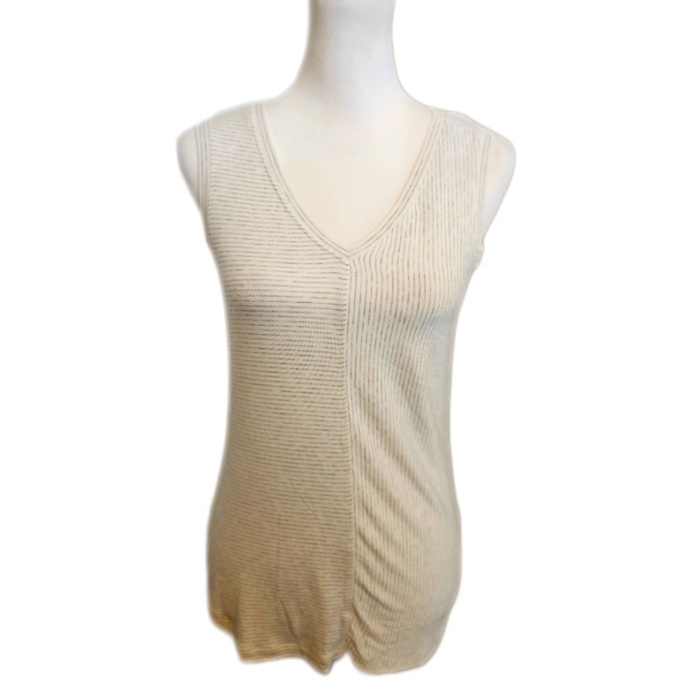 CAbi Style #3816 Mini Stripe V-neck Sleeveless Tank Top, Cream Gray, XS